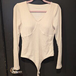 Klassy Network Ribbed V-Neck Long Sleeve Bodysuit - Cream (Size L)